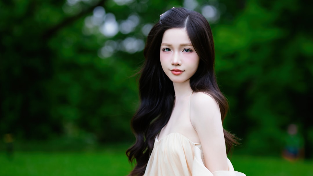 Young woman with long dark hair in a light dress.